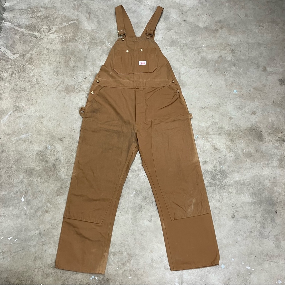 VTG Round House Bib Overalls Mens 40x30 Duck Canvas Brown USA Double Knee 61”